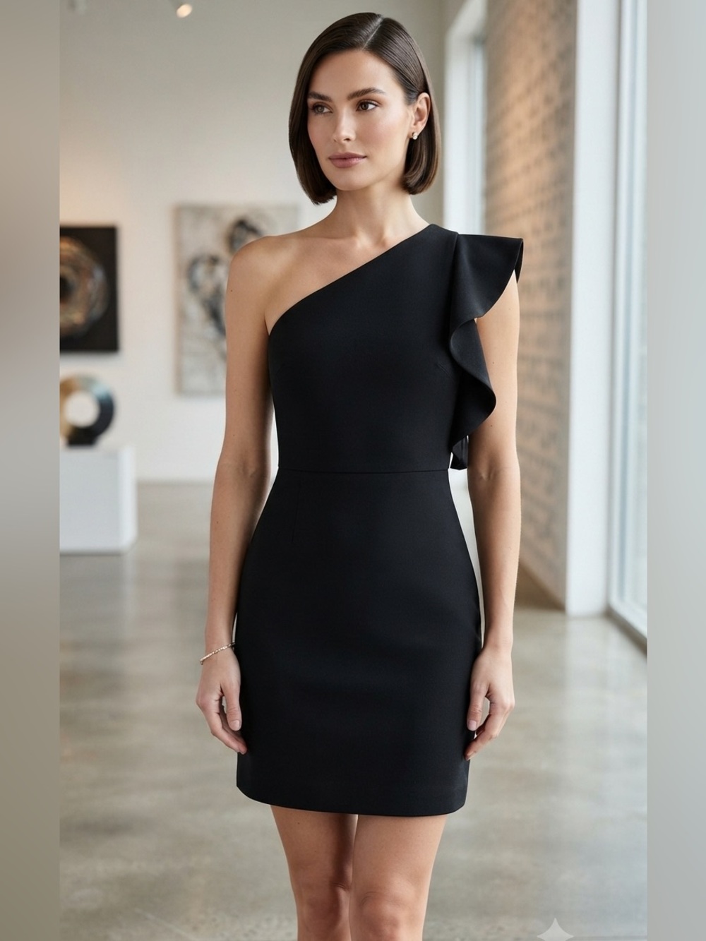 Black Halo One-Shoulder Ruffle Sheath Mini Dress Black Size 2